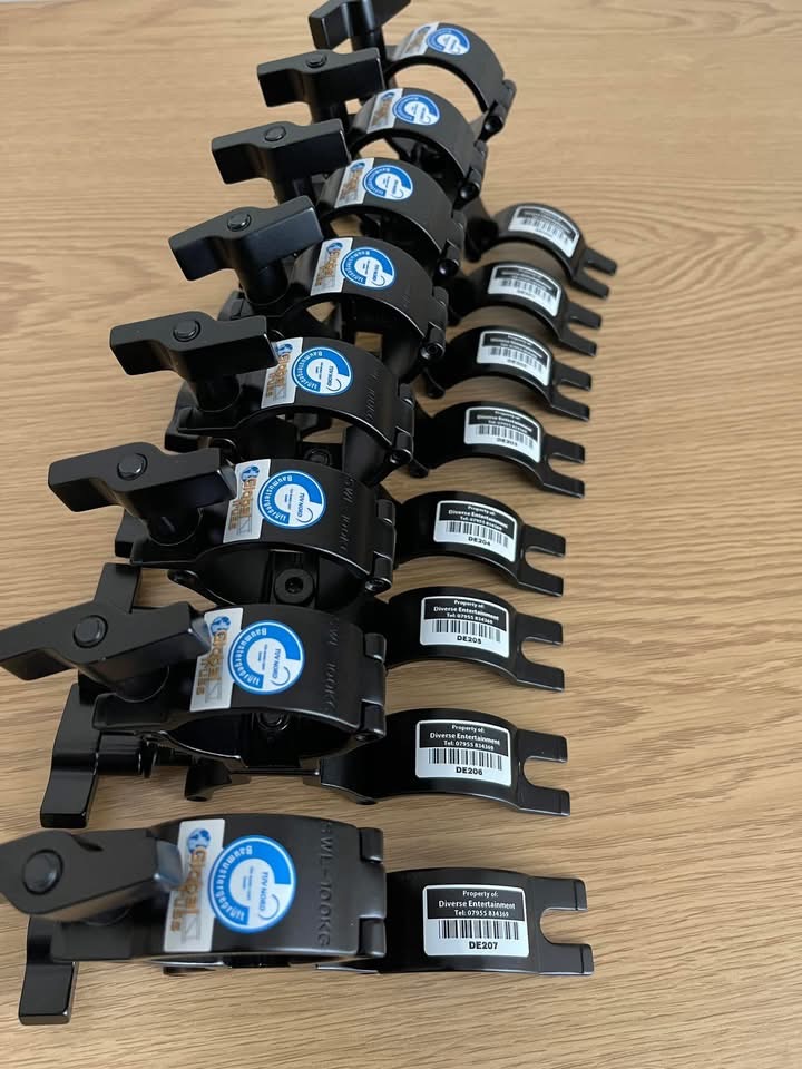 Barcoded 100kg truss hook clamps asset-tagged for Diverse Entertainment