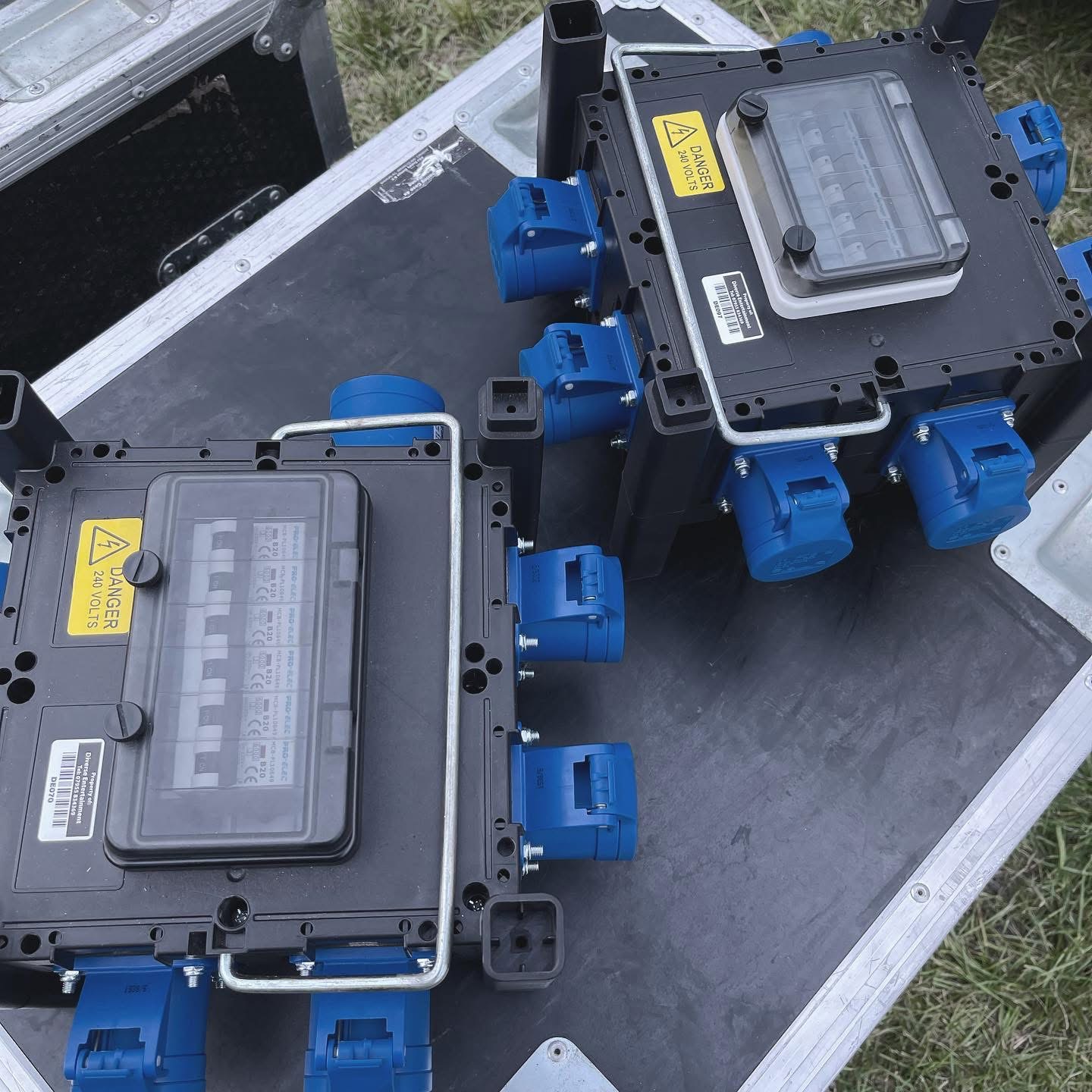 16A power distribution boxes with blue ceeform outlets in a flight case