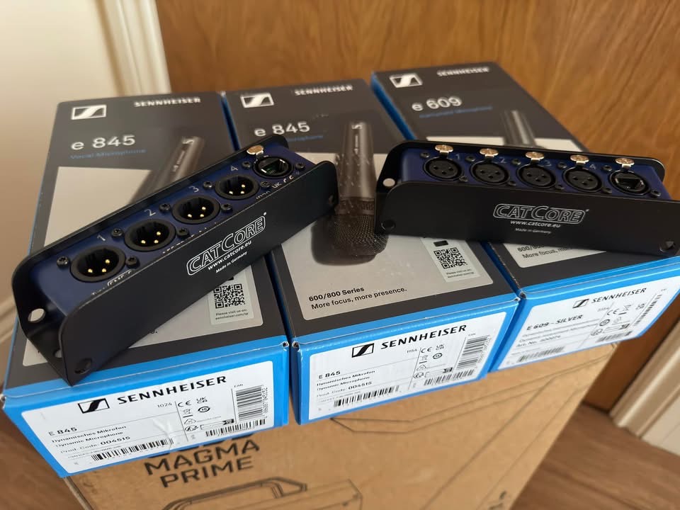 Sennheiser e845 and e609 microphones with CatCore XLR stage boxes